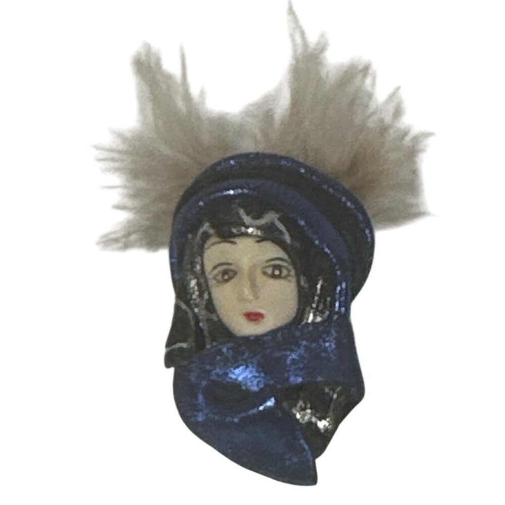 Vintage Lady Face Brooch With Blue Scarf & Feathers Artsy Boho Art Deco